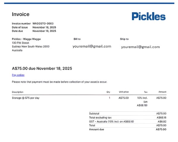 Sample storage invoice image