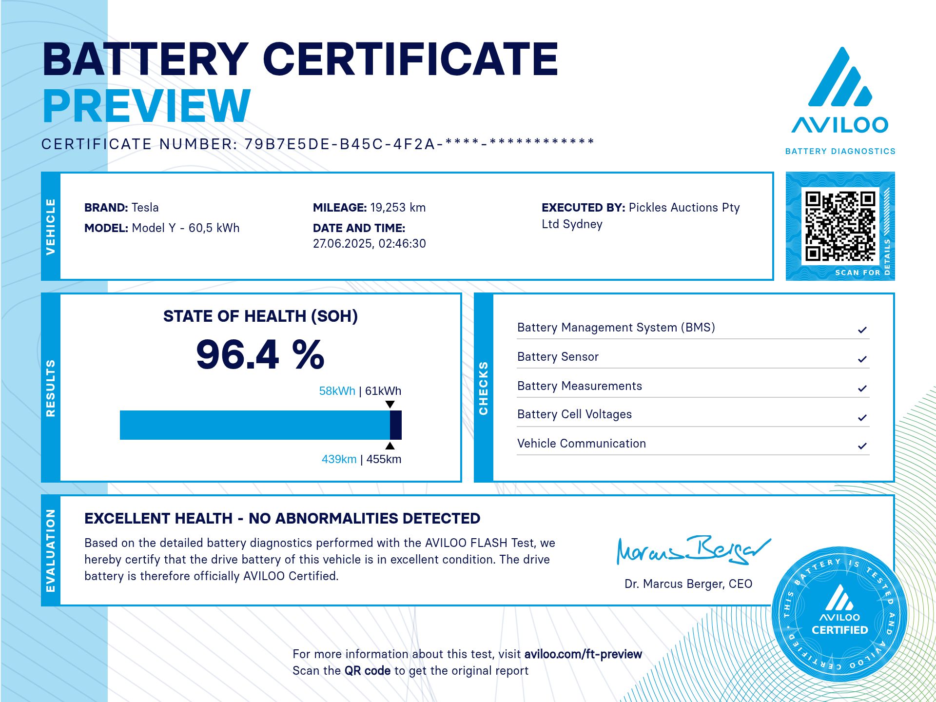 Battery certificate preview
