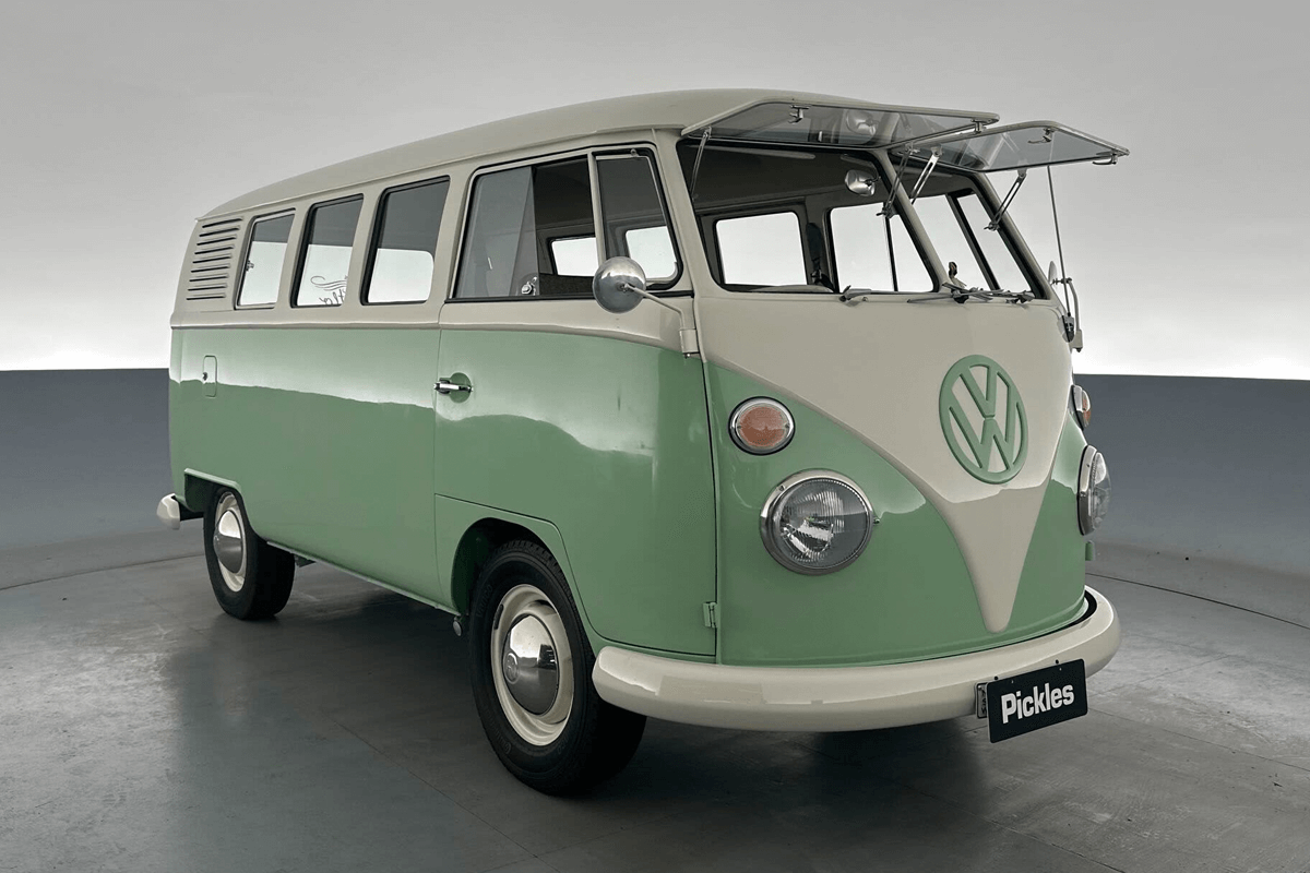 View green 1965 Volkswagen Microbus available via auction.