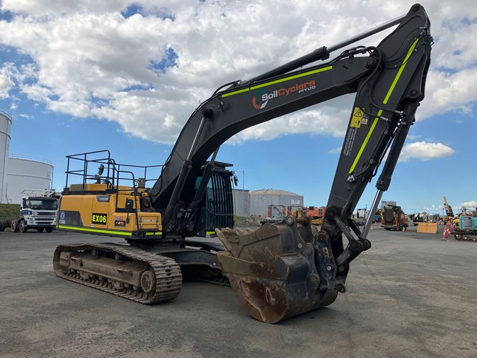 Yellow and Black 2021 Volvo EC300DL excavator (steel tracked) via auction.