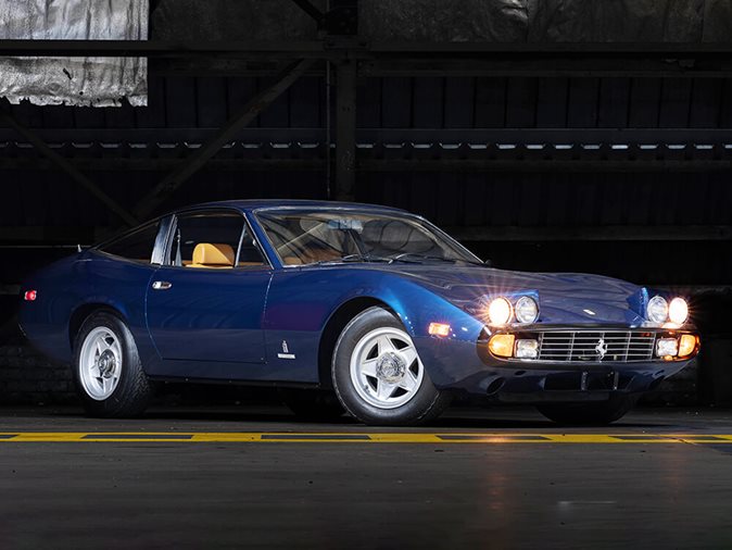 View a range of classic cars including a blue 1972 Ferrari 365 GTC 4 available via auction.